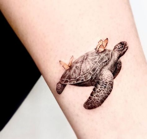 50+ Amazing Turtle Tattoos with Meaning | Body Art Guru Turtle With Butterfly Tattoo, Sea Turtle And Butterfly Tattoo, Butterfly And Turtle Tattoo, Elegant Turtle Tattoo, Turtle Butterfly Tattoo, Unique Foot Tattoos, Fine Line Turtle Tattoo, Mum And Daughter Tattoo, Wings Tattoo Meaning