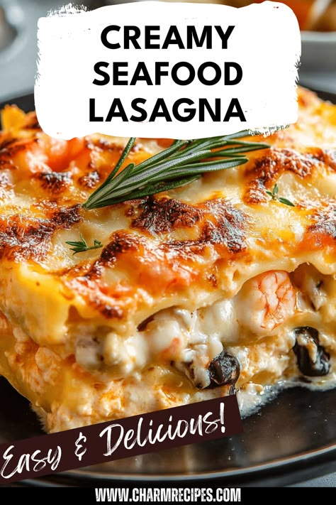 Looking for a crowd-pleaser that combines the flavors of the sea? Our Creamy Seafood Lasagna recipe layers tender pasta with a rich and creamy sauce, bursting with delicious shrimp, sweet scallops, and succulent crab. Topped with a gooey layer of melted cheese, each bite transports you smack into the heart of Italian cuisine. This seafood lasagna is perfect for family dinners, potlucks, or entertaining guests. Explore the joy of luxurious ingredients, comfort food at its finest, and easy preparation guaranteed to impress. Shrimp Pasta Casserole, Seafood Pasta Casserole Recipes, Seafood For A Crowd, Sweet Lasagna Recipe, Lasagna Dinner Party Menu Ideas, Lobster Lasagna Recipe, Seafood Lasagna Roll Ups, Seafood Christmas Dinner Ideas, Shrimp Lasagna Recipe