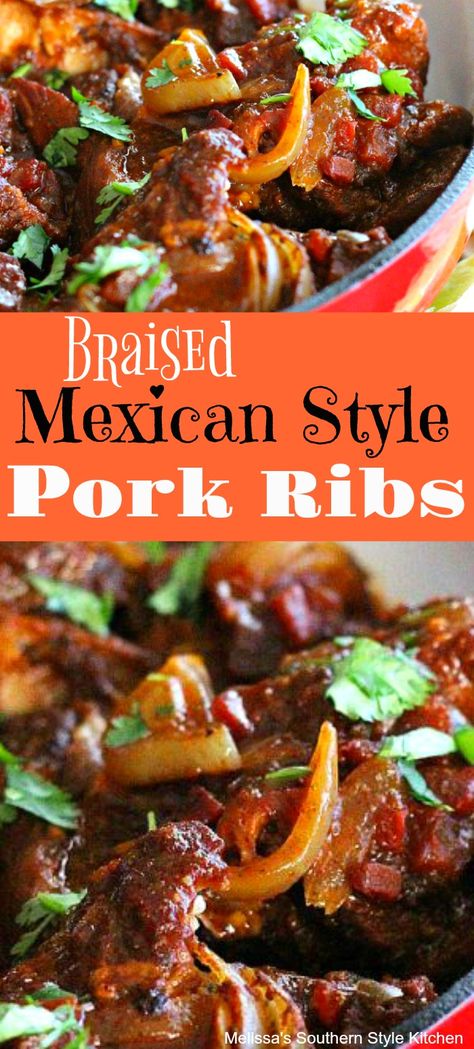 Short Ribs Recipe Mexican Style, Spanish Ribs Recipe, Mediterranean Pork Ribs, Country Style Pork Ribs Mexican, Mexican Ribs Recipes, Braised Pork Ribs Recipe, Pork Shoulder Boneless Ribs, Pork Shoulder Ribs Recipes, Mexican Bbq Ideas