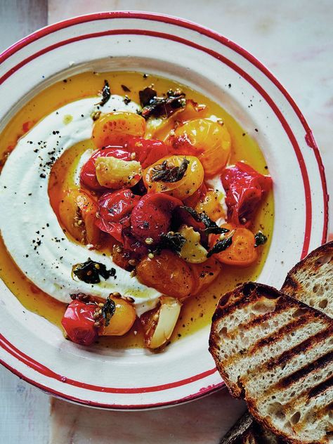 Confit Recipes, Grilled Bread, Whipped Feta, Delicious Magazine, Dinner Party Recipes, Tomato Recipes, Summer Dinner, Vegetarian Dishes, Soul Food