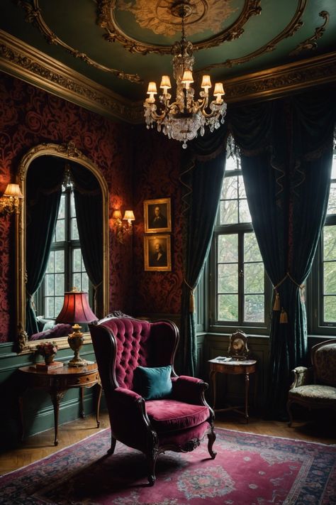 20 Victorian Bedroom Designs To Inspire You – ToolzView Moody Parlor Room, 1920s Room Decor, Dark Academia Ceiling, Dark Academia Curtains, Old English Interior, Dark Academia Dining Room, Dark Nouveau, Old English Interior Design, Academia Interior Design