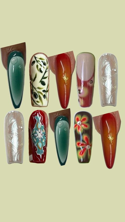 Sade nail ideas🫒 Calm Nail Ideas, Nail Art Colour Combinations, Colombia Nails Design, Bird Of Paradise Nails, Cool Green Nails, Sade Nails Art, Fall Funky Nails, Cuban Nails, Retro Nail Art Vintage