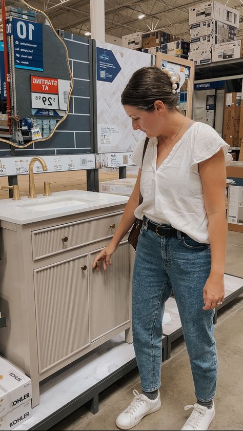 LOWE'S DEALS: THE BEST FLUTED BATHROOM VANITY (WITH A CABINET) — KENDRA FOUND IT Bathroom Vanity 30 Inch, Vanity 30 Inch, Fluted Bathroom Vanity, Lowes Vanity, Fluted Bathroom, Fluted Vanity, Vanity Diy, Pole Wrap, Mcgee And Co