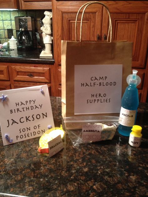 Percy Jackson birthday party favors-hero supplies Pjo Party, Percy Jackson Birthday Party, Percy Cosplay, Mythology Party, Percy Jackson Crafts, Percy Jackson Birthday, Percy Jackson Party, Poseidon God, Camp Themes