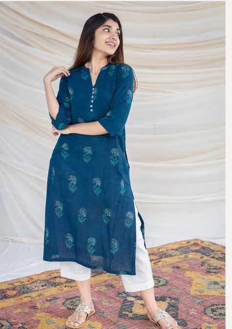 Full Sleeves Kurta Designs Women, Formal Dress Code Women, Full Sleeve Kurti, Indigo Kurta, Printed Kurti Designs, Cotton Suit Designs, Diy Outfits, Simple Kurti, Minimalistic Outfits