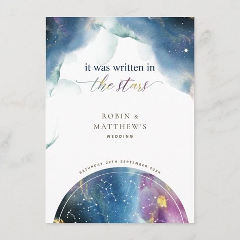 Unique, Elegant Celestial Theme Watercolor Menu  Zazzle Stars Watercolor, Unique Bridal Shower Invites, Watercolor Menu, Teal Wedding Invitations, Cosmic Galaxy, Moon Wedding, Unique Bridal Shower, Celestial Wedding, Purple Wedding Invitations