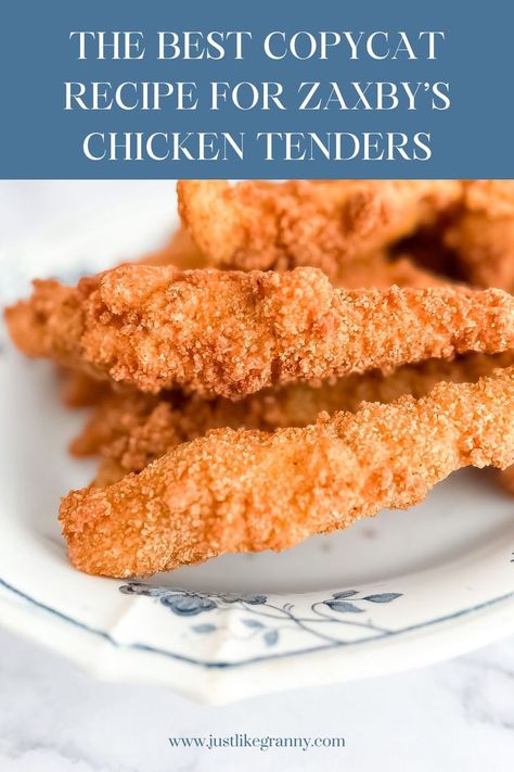 If you’re craving that crispy, flavorful experience of Zaxby’s chicken tenders, this copycat recipe will surely satisfy. Double-dipped in a seasoned flour and bread crumb mixture then deep-fried to perfection, these chicken tenders pair perfectly with the homemade ranch dressing recipe. Make it for your next family dinner. This is a super kids friendly recipe. Find it at justlikegranny.com Double Breaded Chicken Tenders, Zaxbys Chicken Tenders Recipe, Zaxbys Recipe, Zaxbys Chicken Recipe, Homemade Chicken Fingers, Fried Breaded Chicken, Chicken Strip, 30g Of Protein, Homemade Chicken Tenders