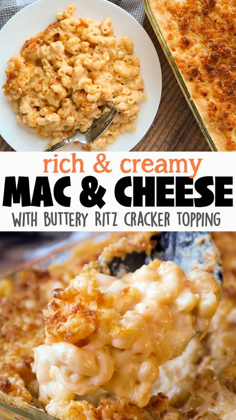 Creamy, cheesy, rich and indulgent! YUM! ?This extra Creamy Mac and Cheese is made with a blend of four cheeses & topped with Ritz Crackers and butter, then baked for a buttery crispy crust! Perfect as a side dish for the holidays, special occasions, or a weeknight splurge! Click ?for the full detailed recipe and video! #macaroni #macandcheese #macaroniandcheese #sidedish #holidayrecipes #thanksgivingrecipes Homemade Mac And Cheese Recipe With Ritz Crackers, Christmas Mac N Cheese Baked Macaroni, Ritz Mac And Cheese, Mac And Cheese With Ritz Cracker Topping, Ritz Cracker Mac And Cheese, Macncheese Recipe, Creamy Baked Mac And Cheese, Easy Mac N Cheese Recipe, 2023 Thanksgiving