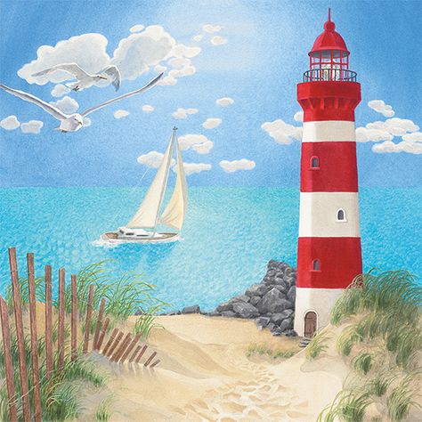 Lighthouse View Collection © Beth Grove Licensing Artist Lighthouse Beach Painting, Lighthouse Mural, Painting Of Lighthouse, Mountain Painting Acrylic, Lighthouse Crafts, Beach Mural, Maritime Decor, Beach Art Painting, Lighthouse Painting