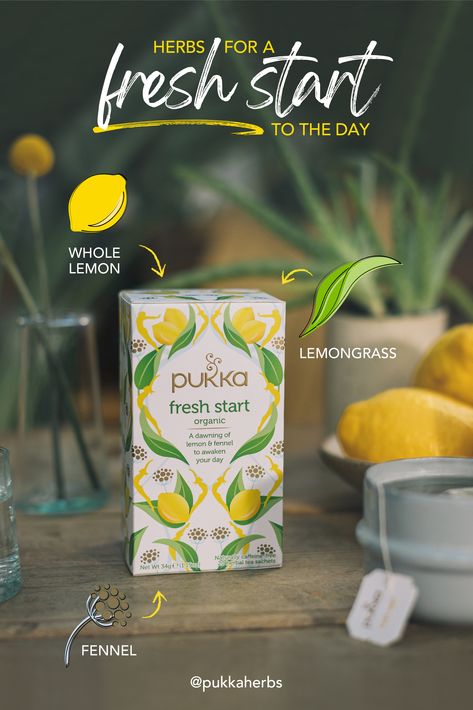 Meet our newest blend, Fresh Start 💛 An energising mix of lemongrass, whole lemon, lemon vana tulsi, and sweet fennel 🍋 Naturally caffeine-free, ethically sourced and made with 100% organically grown ingredients, our Fresh Start tea will bring light to your dawn and vitality to your mornings 🙏 Chai Packaging, Organic Tea Packaging, Herb Products, Kashmiri Chai, Tea Packaging Design, Energy Tea, Diy Snacks, Herbal Drinks, Organic Herbal Tea