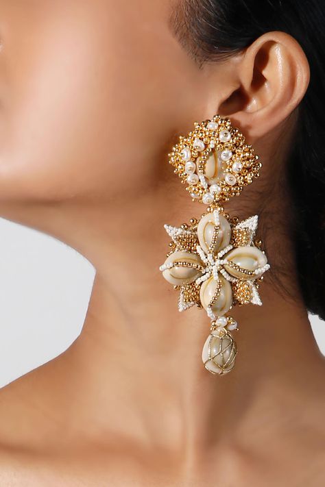 Buy Vaidaan Charvi Hand Embroidered Earrings Online | Aza Fashions Kori Jewellery, Neck Pics, Long Earrings Gold, Western Jewellery, Ear Piercing Studs, Hand Embroidered Jewelry, Embroidered Earrings, Diy Hair Accessories Ribbon, Bridal Jewels