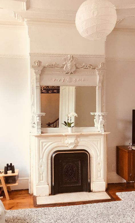 brownstone marble mantel Nyc Fireplace, French Loft, Brownstone Interiors, Nyc Brownstone, Modern French, Fireplace Tile, My Dream Home, Home Renovation, Home Living Room