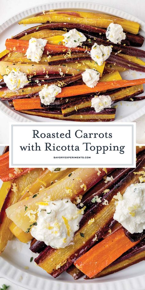 Hot roasted rainbow carrots topped with a cool and creamy lemon laced ricotta topping. Perfect as a side or vegetarian entree. Roasted Carrots With Ricotta, Roasted Carrots Whipped Ricotta, Rainbow Carrot Recipes, Sides Healthy, Vegetarian Entree, Roasted Carrot Salad, Roasted Rainbow Carrots, Creamy Pasta Bake, Pasta Side Dishes