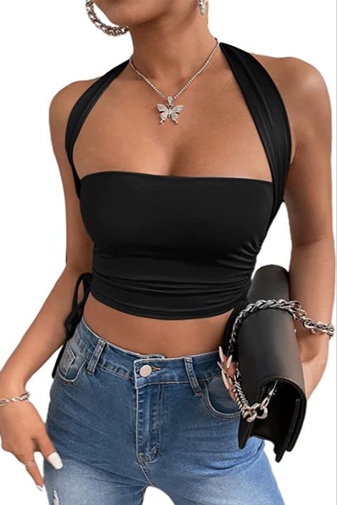 trendy black going out top 2023 Halter Cami Top, Sling Top, Backless Halter Top, Women Vest, Womens Halter Tops, Women Halter, Women Tank Tops, Halter Tops, Halter Neck Top