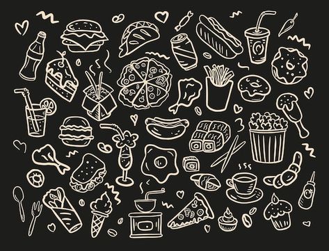 Set of fast food icons hand drawn in the... | Premium Vector #Freepik #vector #fast-food-background #burger #burger-pattern #fast-food Food Line Art, Chinese Fast Food, Icons Hand Drawn, Food Background, Line Doodles, Flat Design Illustration, Food Patterns, Logo Psd, Technology Icon