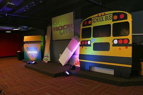 Church stage set back to school Back To School Stage Decor, Back To School Dance Decorations, Church Back To School Bash, School Dance Decorations, Crayola Party, Rally Ideas, Back To School Bash, Rally Idea, Stage Ideas