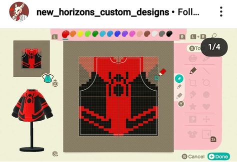 Acnh Spiderman Design, Spider Man Animal Crossing, Acnh Spiderman, Animal Crossing Couple Clothes, Animal Crossing Spiderman Design, Acnh Tv Screen Design, Animal Crossing Spiderman, Acnh Designs Grid, Animal Crossing Design Ideas Clothes Grid