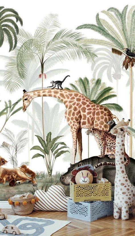 Do you want to give your child a bedroom makeover? Or maybe you're expecting and want to create a cute unisex nursery or bedroom for your baby. Take a look at this adorable kids room decor inspiration. Featuring beautiful safari animals such as elegant giraffes and cheeky monkeys, together with trendy sage green tropical motifs, this gorgeous mural is the perfect jungle themed wallpaper for your child's bedroom! Get the look at Wallsauce.com! #kidsroom #kidsbedroom Jungle Mural Wallpaper, Safari Boys Bedroom, Jungle Nursery Ideas, Boys Safari Bedroom, Jungle Theme Wallpaper, Children Room Wallpaper, Zoo Room, Monkey Mural, Safari Nursery Wallpaper