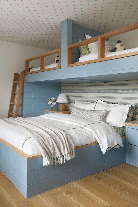 Coastal Getaway House Second Floor Reveal Beach House Loft Bedroom, Twin Over Full Bunk Bed Diy, Beach House Loft, Beach House Bunk Room, Beach Kids Room, Lofted Beds, Desk Spaces, Getaway House, Diy Bunk Bed