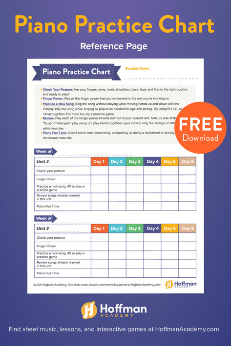 Keep track of your piano practice with this chart! Write in the minutes for each category, or just use a checkbox. Check your posture, do your finger power exercises, practice your song, review your old songs, and have some fun time where you can play games! Download it free! Piano Practice Sheet, Piano Assignment Sheets Free Printable, Piano Practice Chart Printables Free, Piano Practice Challenge, Power Exercises, Piano Curriculum Lesson Plans, Practice Charts For Piano, Piano Practice Chart, Weekly Checklist