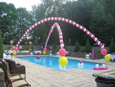 Filled Balloons, Water Slide, Luau Party, Fishing Line, Pool Deck, Grad Parties, Balloon Arch, Bday Party, Pool Party