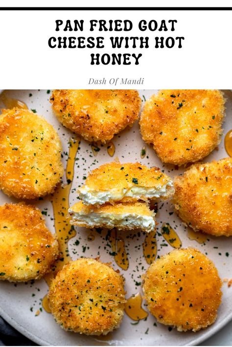 Pan fried goat cheese with hot honey Crispy Goat Cheese, Goat Cheese Bites, Weekend Snacks, Cozy Recipes, Honey Drizzle, Fried Goat Cheese, Goat Cheese Recipes, Appetizer Ideas, Hot Honey