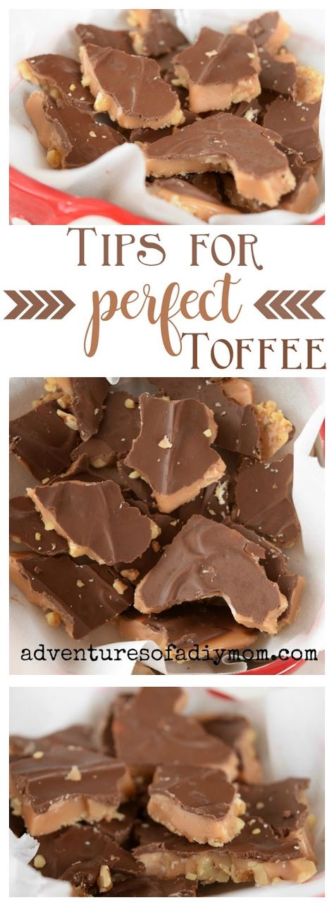 Tips for perfect homemade English toffee. Learn how to create crisp, buttery sweet toffee. Learn how to prevent chewy toffee and butter separation. #homemadeenglishtoffee #tipsfortoffee #adventuresofadiymom #englishtoffee #christmascandy #howtomaketoffee The Best Toffee Recipe, Toffee Dessert, How To Make Toffee, Chewy Toffee, Cooking Christmas, Toffee Candy, Patisserie Sans Gluten, Toffee Recipe, English Toffee