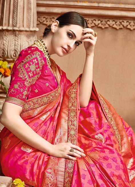 Pink Embroidered Silk Saree features a gorgeous pure silk jacquard in weaving silk saree alongside an art silk blouse. Embroidery work is completed with zari, thread, and stone. Bridal Lehenga Choli, Designer Lehenga Choli, Silk Lehenga, Varanasi, Traditional Sarees, Pink Saree, Party Wear Sarees, Beautiful Saree, Bridal Lehenga