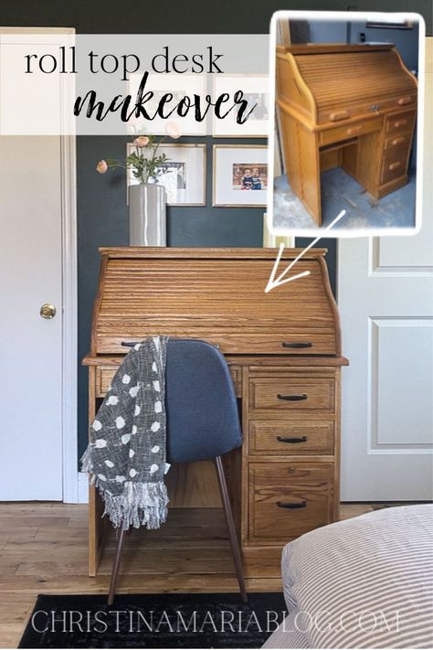 This roll desk makeover from Christina Maria is such a simple and easy DIY project that can make a big impact for your home decor. With just some basic sanding, staining, and new hardware, it transforms into a pretty and purposeful piece of furniture. A rolltop desk is the perfect storage idea for small spaces, as well as designing on a budget.  #christinamariablog #rolltopdeskmakeover Roll Out Desk, Roll Top Desk Office, Refinish Roll Top Desk, Office With Roll Top Desk, Roll Desk Makeover, Rolltop Desk Decor, Refinished Roll Top Desk, Roll Top Desk Decorating Ideas, Roll Top Desk Decor