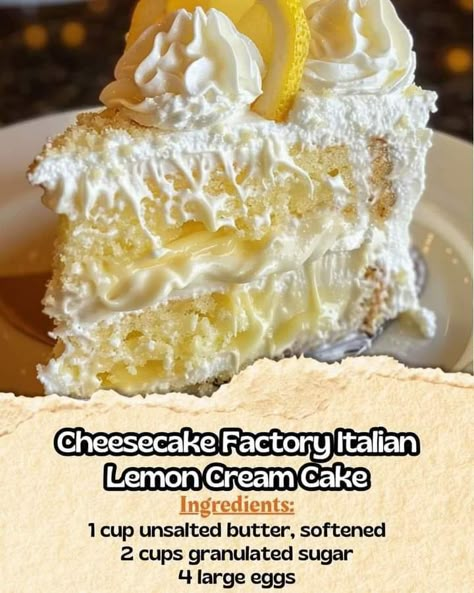 Cheesecake Factory Lemon Cream Cake, Italian Lemon Cheesecake, Italian Lemon Cream Cake, Recipes Cheesecake, Lemon Cream Cake, Italian Sweets, Lemon Lush, Citrus Recipes, Fluff Desserts