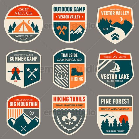 Retro camp badges | stock vector graphics Vector Illustration #vector #VectorArt #VectorIllustration Camp Badges, Dribbble Logo, Typographie Logo, Camp Logo, Summer Camping, Vintage Camping, Badge Logo, Badge Design, Retro Logo