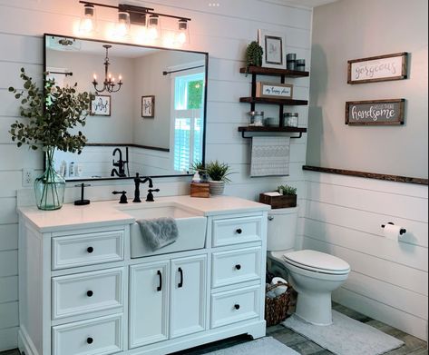 Small Bathroom Remodel White Vanity, Shiplap Bathroom White Vanity, Bathroom Black Mirror Ideas, Bathroom With Black Trim, White Vanity Black Mirror, White Vanity With Black Mirror, Small Bathroom With White Vanity, Gray And White Farmhouse Bathroom, Farmhouse Bathroom With White Vanity