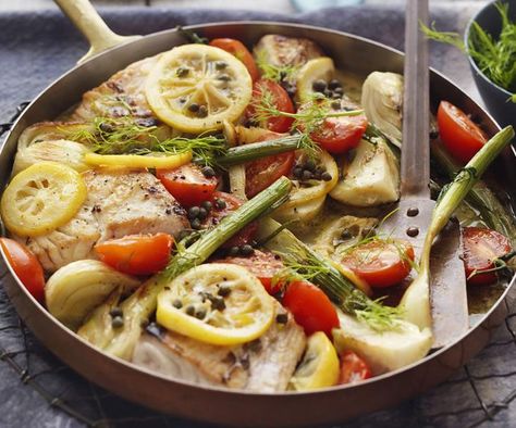 Wonderfully fragrant and light, this zesty fennel and fish recipe is beautiful served with a green salad for a healthy and delicious meal. Smoked Salmon Blinis, Ploughmans Lunch, Capers Recipe, Lazy Dinners, Pork Cutlets, Fish Recipe, Herb Butter, Fish Fillet, Just Cooking