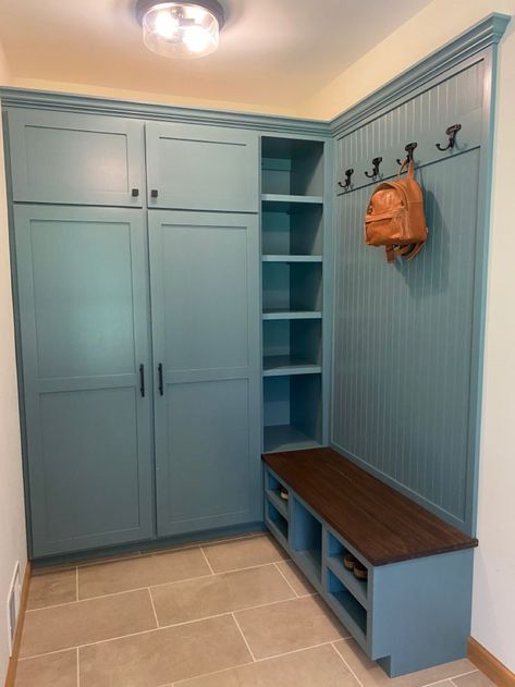 Mud Room L Shape, L Shaped Boot Room, Mud Room Command Center, L Shape Mudroom, Beach House Mud Room, L Shaped Mudroom, Mudroom Dog Room, Boot Room Storage, Mud Room Garage