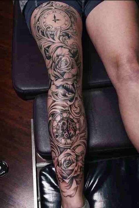 Front Of The Leg Tattoo, Full Leg Wrap Around Tattoo, Patchy Leg Tattoo Sleeve, Rose Leg Sleeve Tattoo, Front Leg Sleeve Tattoo, Women Leg Sleeve Tattoo Ideas Unique, Ladies Leg Tattoos, Big Leg Tattoos For Women, Large Leg Tattoos For Women