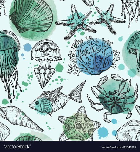 Sea Shells On Canvas, Shells On Canvas, Liberty Pattern, Sea Creature, Hand Drawn Vector, Blue Canvas, Colorful Pillows, Watercolor Pattern, Painting Canvas