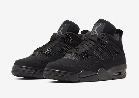 Dressed in a Black and Light Graphite color scheme. This Air Jordan 4 features a full Black-based upper with minor hints of Grey on the Jumpman Flight tongue tags. A Blackout Jumpman on the heel with a White logo on the Black rubber outsole completes the design. Air Jordan 4 Black Cat, Doudoune The North Face, Retro Jordans, Red Thunder, Jordan 4 Black, Nike Air Jordan 4, Jordan Retro 4, Jordan Shoes Girls, Jordan Shoes Retro