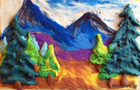 Landscapes Postcards with Modeling Clay – Painted Paper Art Clay Landscape, Painted Paper Art, Layer Art, Camper Art, Summer Art Projects, Master Art, Modelling Clay, 4th Grade Art, 3rd Grade Art