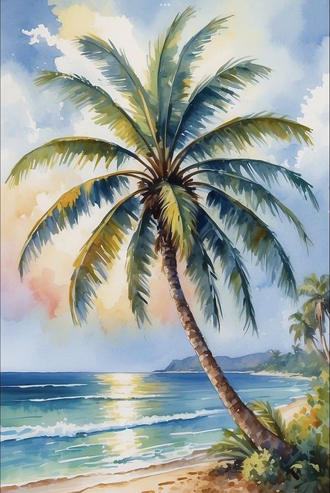 Tropical Watercolour Painting, Coconut Tree Painting, Banana Painting, Beach Scene Painting, Beach Art Painting, Palm Tree Wall Art, Learn Watercolor Painting, Tropical Painting, Dream Painting