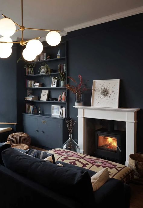 Shelves In Alcove Living Room, Alcove Bookshelves, Alcove Shelves, Alcove Shelving, Dark Blue Living Room, Falmouth Cornwall, Dark Living Rooms, Harbour Town, Dark Wall