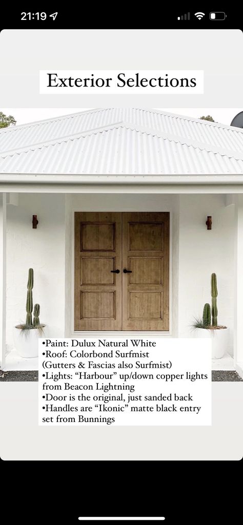 Natural White Dulux Paint Exterior, White Modern Cottage Exterior, Surfmist Roof White House, Surf Mist Roof, Colorbond Surfmist Roof, Cream Weatherboard Exterior, Dulux Natural White Exterior, Surfmist Roof Colour Schemes, Coastal Brick House Exterior