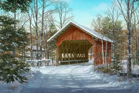 "Brookdale Bridge Winter" Fred Swan🎨 - A Potpourri Of Likes Covered Bridge Painting, Swan Artwork, Vermont Art, England Country, Wood Paintings, Swan Painting, Bridge Painting, Swans Art, Country Barns