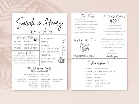 Wedding Program Examples, Wedding Programs Funny, Wedding Table Games, Fun Wedding Programs, Wedding Timeline Template, Timeline Wedding, Program Wedding, Wedding Infographic, Unique Wedding Programs