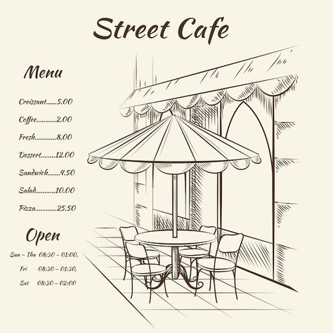 Cafe Menu Drawing, City Exterior, Sketch Restaurant, Cafe Background, Architecture Vector, Dessert Illustration, Street Cafe, Coffee Icon, Restaurant Menu Template