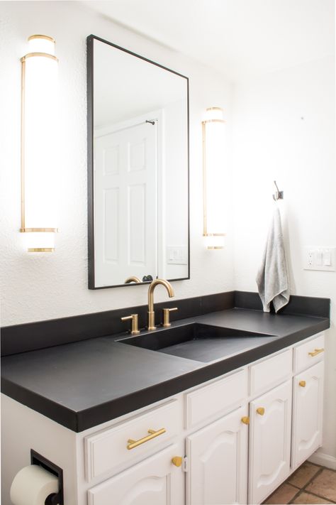 Builder Grade Bathroom, Black Mirror Frame, Black Countertops, Builder Grade, Bathroom Sconces, Trendy Bathroom, Bathroom Countertops, Bathroom Update, Bath Bar