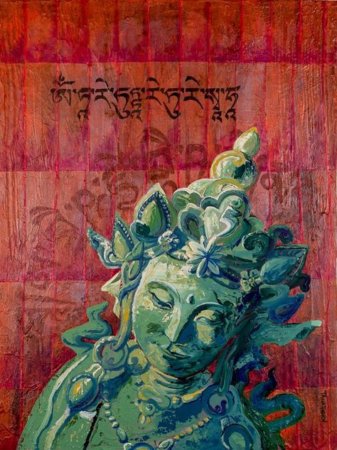 Green Tara Art, Green Tara Painting, Om Painting, Green Tara Mantra, Om Mantra, Canvas Acrylic Painting, Green Painting, Hinduism Art, Vedic Art