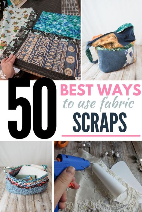 Is the scrap pile getting out of control? Here are over 50 ideas for using your scrap fabric!  #Sewing #Crafts Diy Scrap Fabric Basket, How To Use Scraps Of Fabric, Ways To Use Scrap Fabric, Cloth Scraps Ideas, Upholstery Fabric Scraps Ideas, Projects With Scrap Fabric, What To Do With Fabric Squares, Scrap Fabric Sewing Ideas, Scrap Bags Ideas