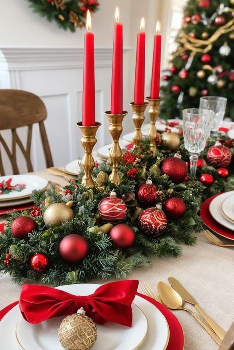 Embrace timeless holiday elegance with these stunning red and gold table settings! We're sharing our favorite classic Christmas combinations, from rich velvet runners to gleaming metallic accents. Perfect for those who love traditional holiday decor with a touch of glamour. #TraditionalChristmas #HolidayDecor #ChristmasTable Red White Christmas Table Setting, Christmas Table Settings Elegant Red, Red Christmas Table Decor, Christmas Table Settings Elegant, Gold Table Settings, Red Christmas Table, Christmas Dinner Table Settings, Gold Table Setting, Christmas Table Setting