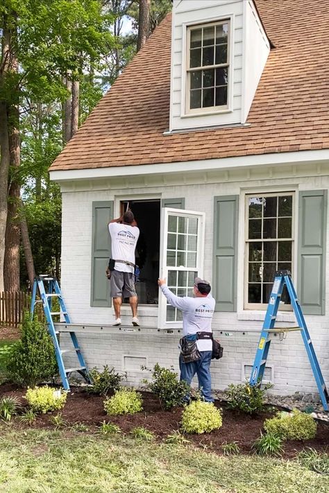 White Brick On Bottom Of House Exterior, White Brick With Shaker Siding, Whitewash Brick Exterior Ranch, White Brick With Shutters, Painting Brick Ranch Exterior, Limewash Brick With White Siding, Painted White Brick Ranch House, Colored Shutters On Brick House, White Siding Beige Trim