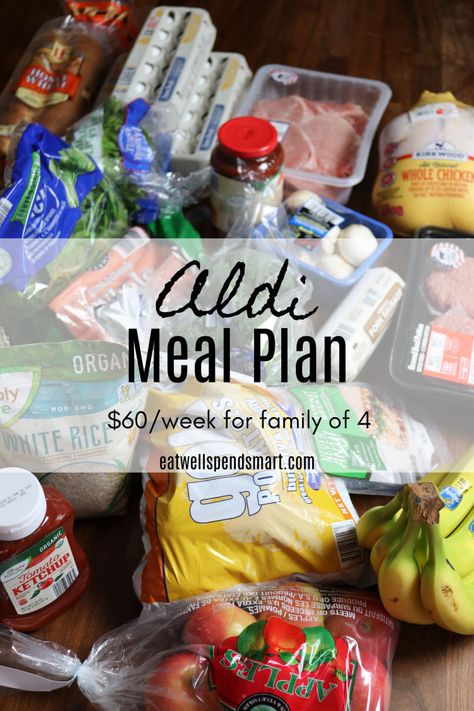 Aldi meal plan for $60/week by shopping at Aldi. What one family ate for a week, including breakfast, lunch, dinner, and snacks for a family of four (one with allergies). Shopping At Aldi, Cheap Meal Plans, Frugal Meal Planning, Aldi Meal Plan, Aldi Shopping, Aldi Recipes, Paleo Meal Plan, Budget Meal Planning, Family Meal Planning